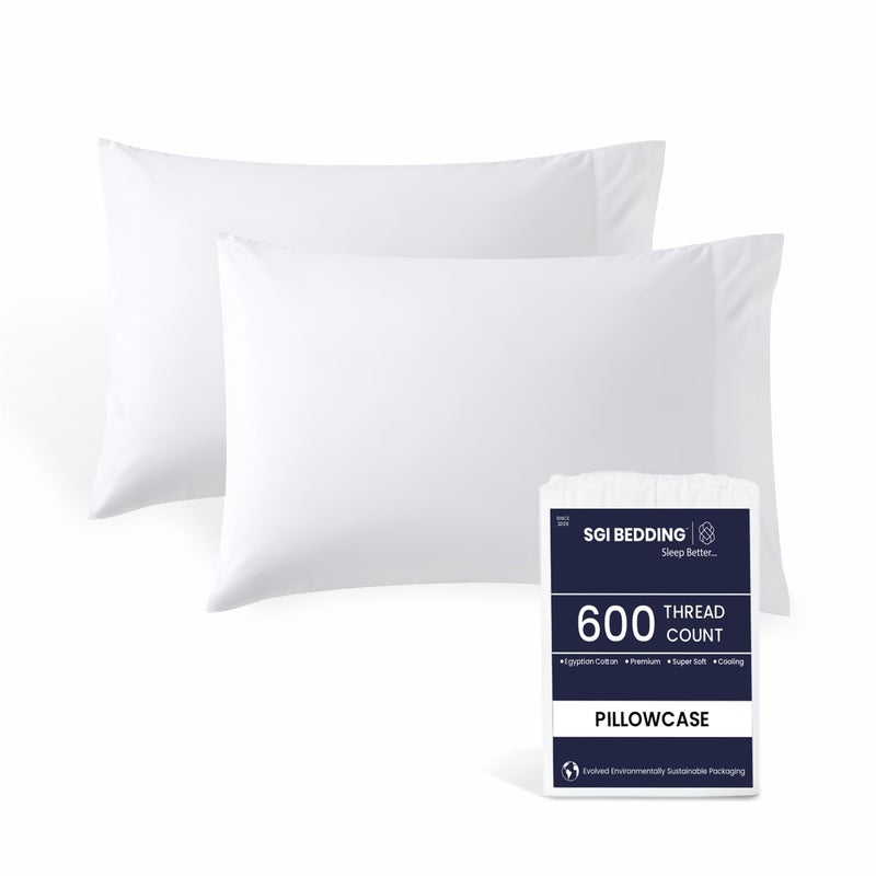 SGI Bedding 100% Egyptian Cotton Queen Set of 2 Pillowcases - 600 Thread Count, Open End Closure, Soft & Silky Sateen Weave, Breathable & Durable, Luxury Hotel Quality (20" x 30") - White - Image 1